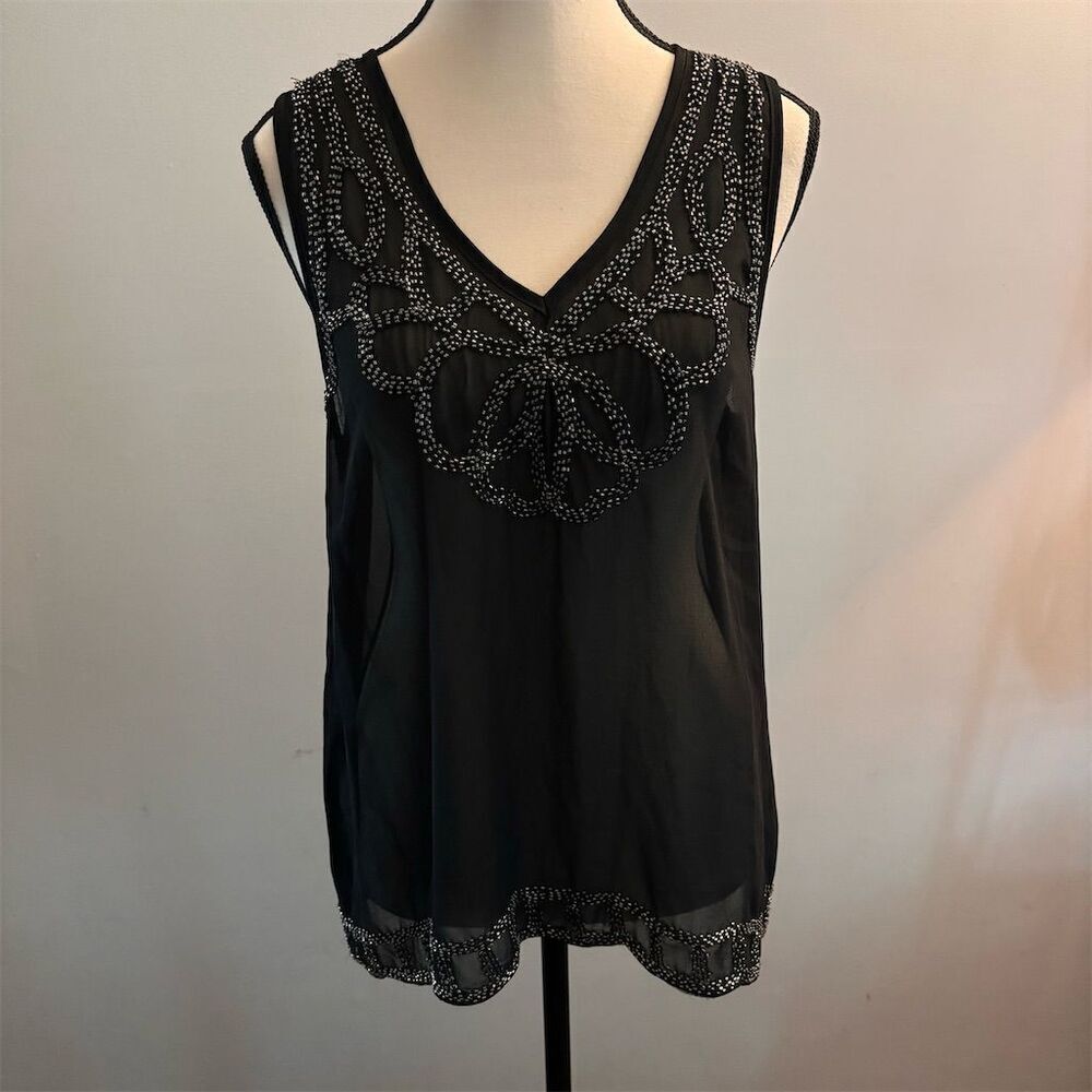 Women's Sheer Black Beaded V-Neck Sleeveless Tank Top Size L Holly Bracken
